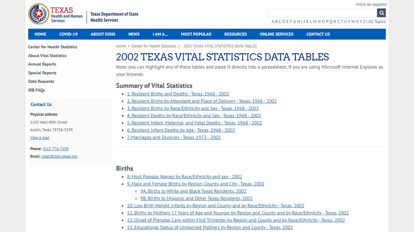 Texas Department of Health, Bureau of Vital Statistics Publications and ...